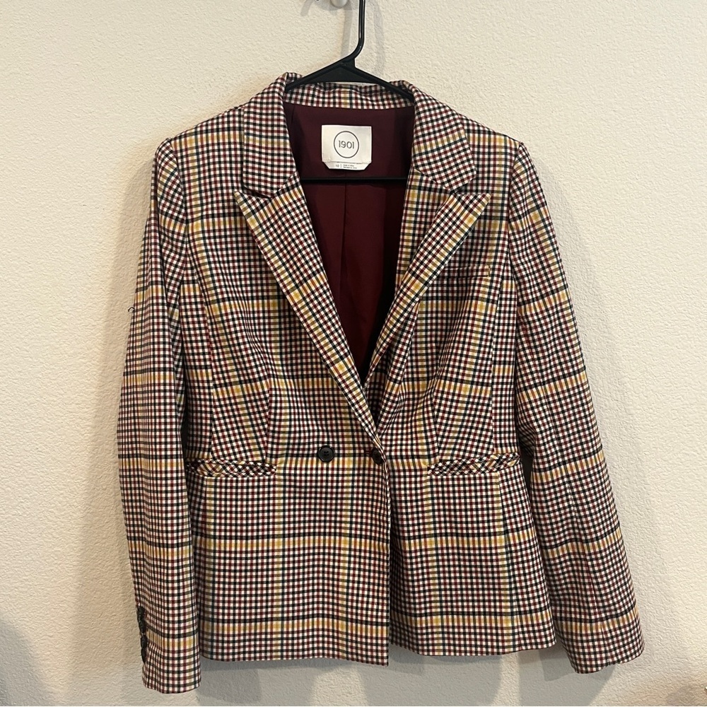 1901 Women’s rusty autumn colored plaid blazer size 10 fun blue under collar - Picture 1 of 14